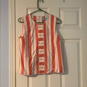 Orange and white striped, eyelet sleeveless blouse